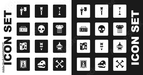 Set Human broken bone, skull, Exit sign, Museum guide, Ancient column, Paint brush, amphorae and brochure icon. Vector