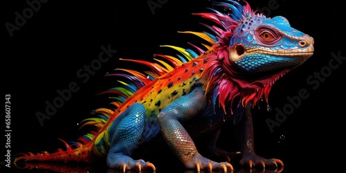 Painted colorful dragon animal  they show off in beautiful colors. isolated black background. Pattern for t-shirt printing  Generative AI