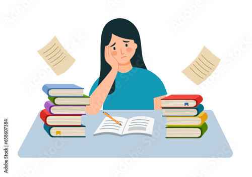 Bored tired student doing homework. Sad high school girl feeling boredom. Unhappy fatigue teen pupil with books on table.