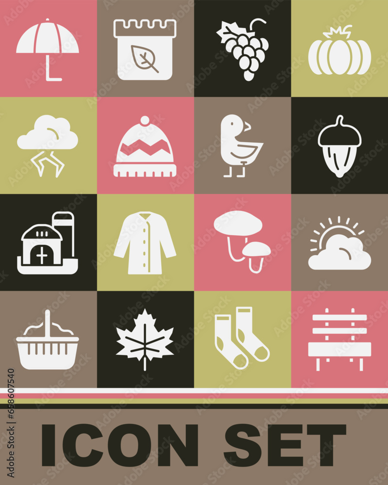 Set Bench, Sun and cloud weather, Acorn, Grape fruit, Winter hat, Storm, Umbrella and Little chick icon. Vector Set Bench, Sun and cloud weather, Acorn, Grape fruit, Winter hat, Storm, Umbrella and Little chick icon. Vector