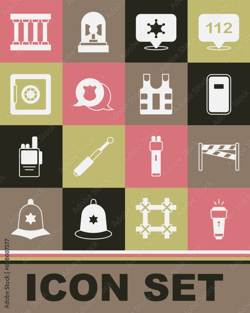 Set Flashlight, Crime scene, Police assault shield, Hexagram sheriff, badge, Safe, Prison window and Bulletproof vest icon. Vector Set Flashlight, Crime scene, Police assault shield, Hexagram sheriff, badge, Safe, Prison window and Bulletproof vest icon. Vector