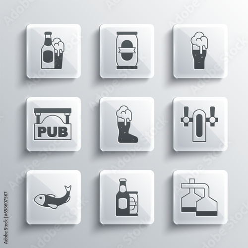Set Beer bottle and beer can, brewing process, tap, Boot glass, Dried fish, Street signboard with Pub, and Glass of icon. Vector