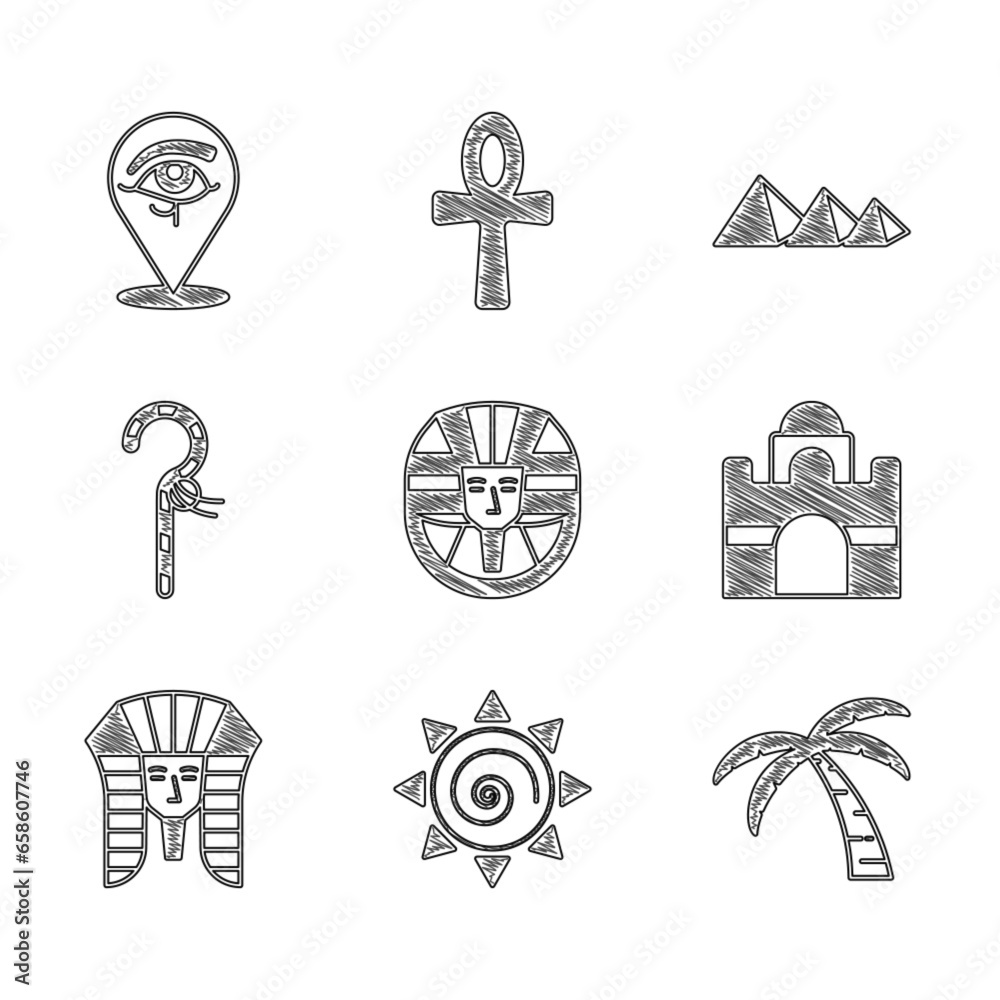 Naklejka premium Set Egyptian pharaoh, Sun, Tropical palm tree, house, Crook, pyramids and Eye of Horus icon. Vector