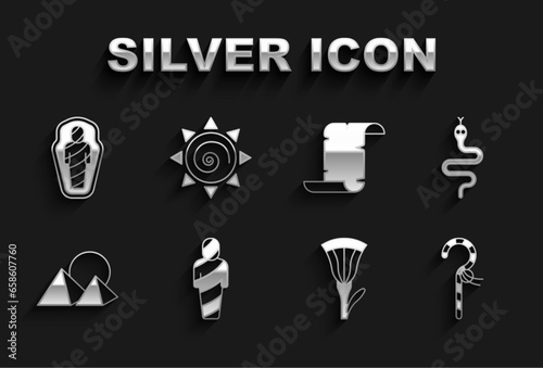 Set Egypt mummy, Snake, Crook, Egyptian lotus, pyramids, Papyrus scroll, in sarcophagus and Sun icon. Vector