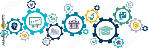 University / College vector illustration. Concept with icons related to higher education, academic course, high school, campus or university study, learning & research, studying.