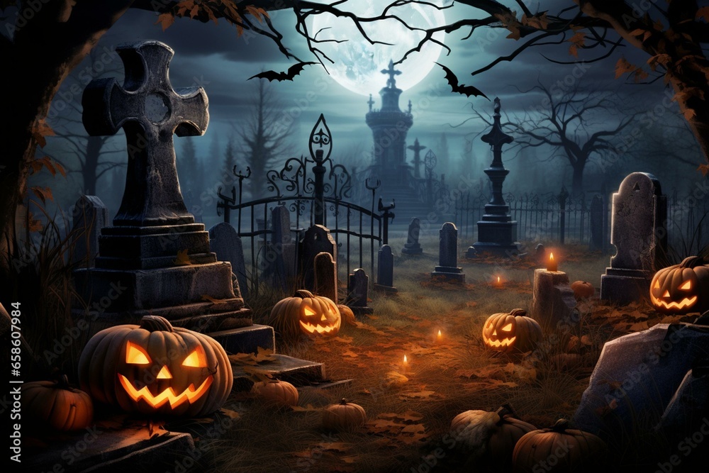 Halloween card depicting spooky graveyard, jack-o'-lanterns, bat, and ...