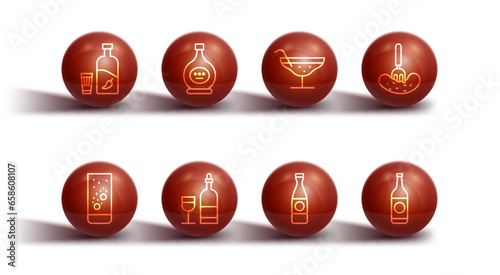 Set line Vodka with pepper and glass, Effervescent tablets in water, Pickled cucumber on fork, Beer bottle, Wine, Bottle of cognac brandy, and Cocktail icon. Vector