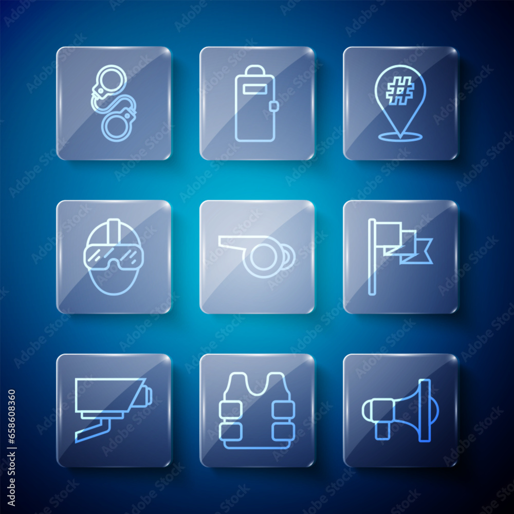 Set line Security camera, Bulletproof vest, Megaphone, Protest, Whistle, Special forces soldier, Handcuffs and Location marker icon. Vector Set line Security camera, Bulletproof vest, Megaphone, Protest, Whistle, Special forces soldier, Handcuffs and Location marker icon. Vector