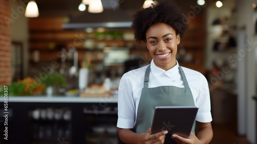 Small business owner woman using tablet  photo