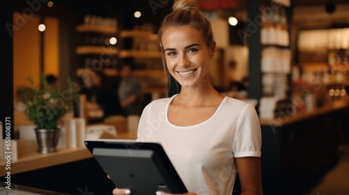 Small business owner woman using tablet 