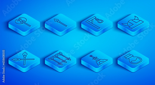 Set line Medieval axe, spear, Gallows, Crossed arrows, Sword in the stone, Viking horned helmet, medieval spears and Poison bottle icon. Vector