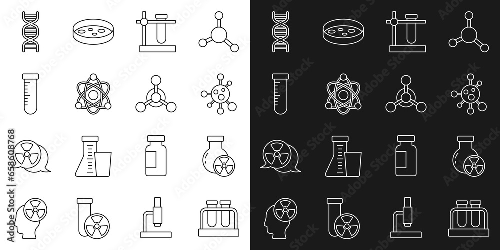 Set line Test tube and flask, radiation, Molecule, stand, Atom, DNA symbol and icon. Vector Set line Test tube and flask, radiation, Molecule, stand, Atom, DNA symbol and icon. Vector