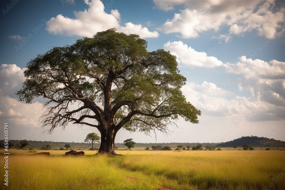 Solitary massive tree standing on its own. Generative AI