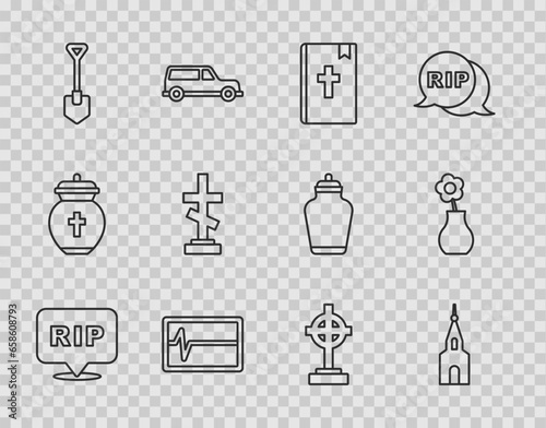 Set line Speech bubble rip death, Church building, Holy bible book, Beat dead monitor, Shovel, Grave with cross, and Flower vase icon. Vector