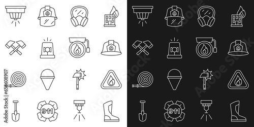 Set line Fire boots  flame in triangle  Firefighter helmet  Gas mask  Flasher siren  axe  Smoke alarm system and Ringing bell icon. Vector