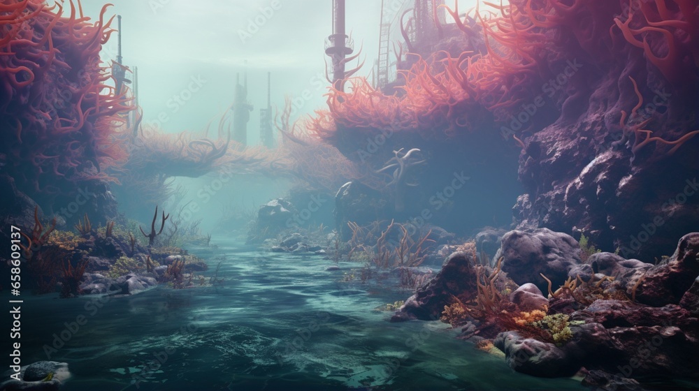 a digital scene highlighting the toxic effects of chemical pollution on marine life. 
