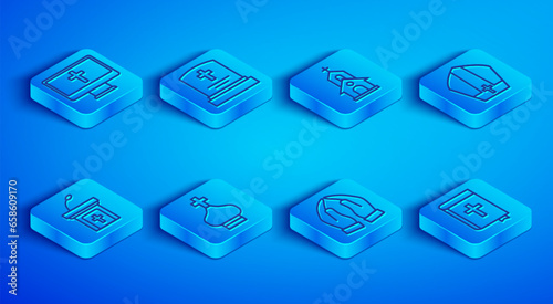 Set line Christian cross on monitor, Grave with tombstone, Church building, church tower, Hands praying position, Pope hat, sermon tribune and Holy bible book icon. Vector