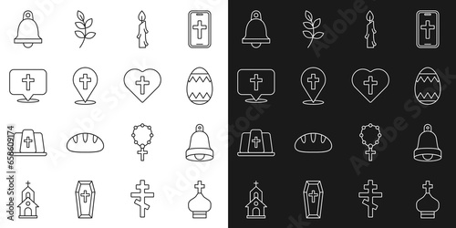 Set line Christian church tower, Church bell, Easter egg, Burning candle, Location building, and cross heart icon. Vector