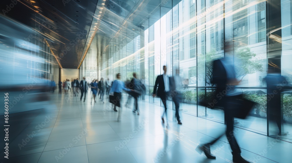 Blurred figures of business professionals strolling at an expo, conference, or within a contemporary hall, demonstrating motion speed blur, broad panoramic banner - obrazy, fototapety, plakaty 