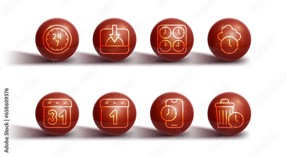 Set line Clock 24 hours, Calendar, Alarm clock app mobile, Sunset, Waste of time and Time zone clocks icon. Vector Set line Clock 24 hours, Calendar, Alarm clock app mobile, Sunset, Waste of time and Time zone clocks icon. Vector