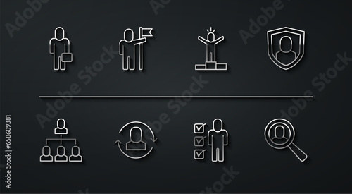 Set line Businessman, Employee hierarchy, User protection, Resume, Exchange work, Man holding flag, Magnifying glass for search job and Productive human icon. Vector