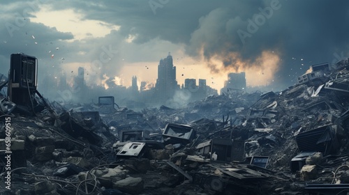 cityscape where beings face the challenges of electronic waste pollution. 