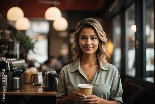 Portrait of a charming woman with a paper cup of coffee in her hands in the middle of a stylish coffee shop