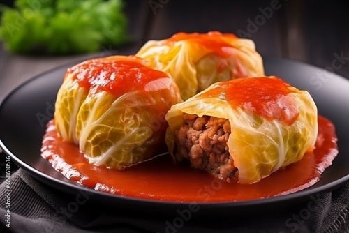 Stuffed cabbage rolls with ground beef, rice, and vegetables in cranberry sauce. Generative AI photo