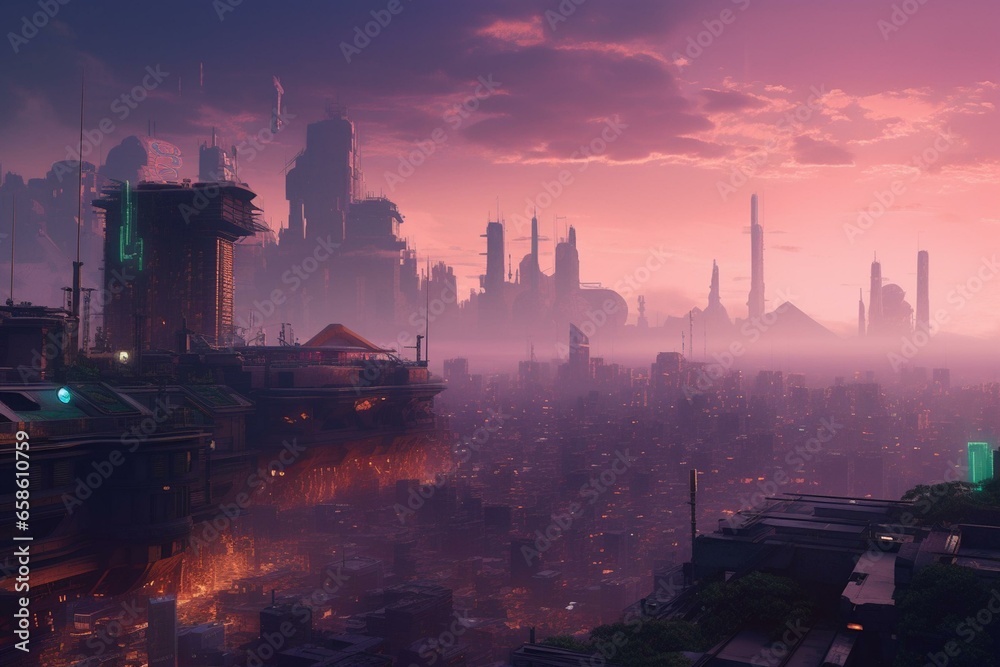 Spectacular 3D artwork captures a cyberpunk cityscape with smog and a vibrant purple sky. Generative AI