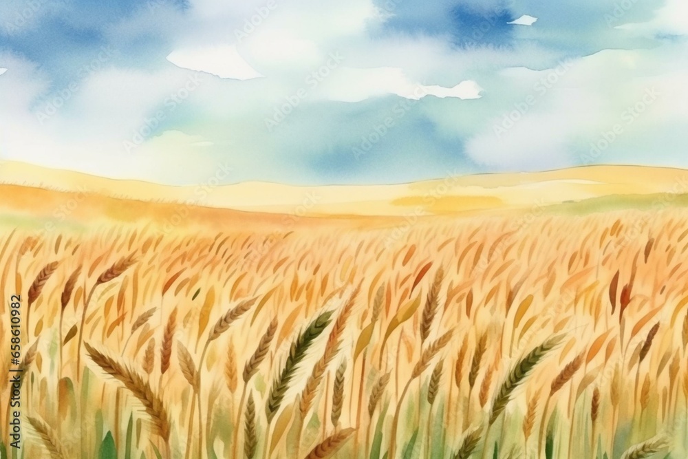Illustration of a wheat field painted in watercolor. Generative AI