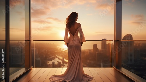 Successful Woman Admiring Panoramic View from Luxury Balcony. Generative ai © Scrudje