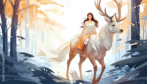  girl with long hair riding a stag 