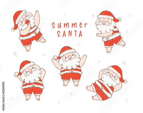 Cute summer christmas santa claus collection, Kawaii Summer Christmas Holiday Cartoon doodl. greeting card.