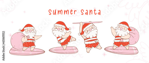 Cute summer christmas santa claus with surfboard collection, Kawaii Summer Christmas Holiday Cartoon doodle hand drawing banner