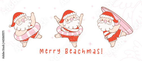 Cute summer christmas santa claus with surfboard and swim ring collection, Kawaii Summer Christmas Holiday Cartoon doodle hand drawing banner