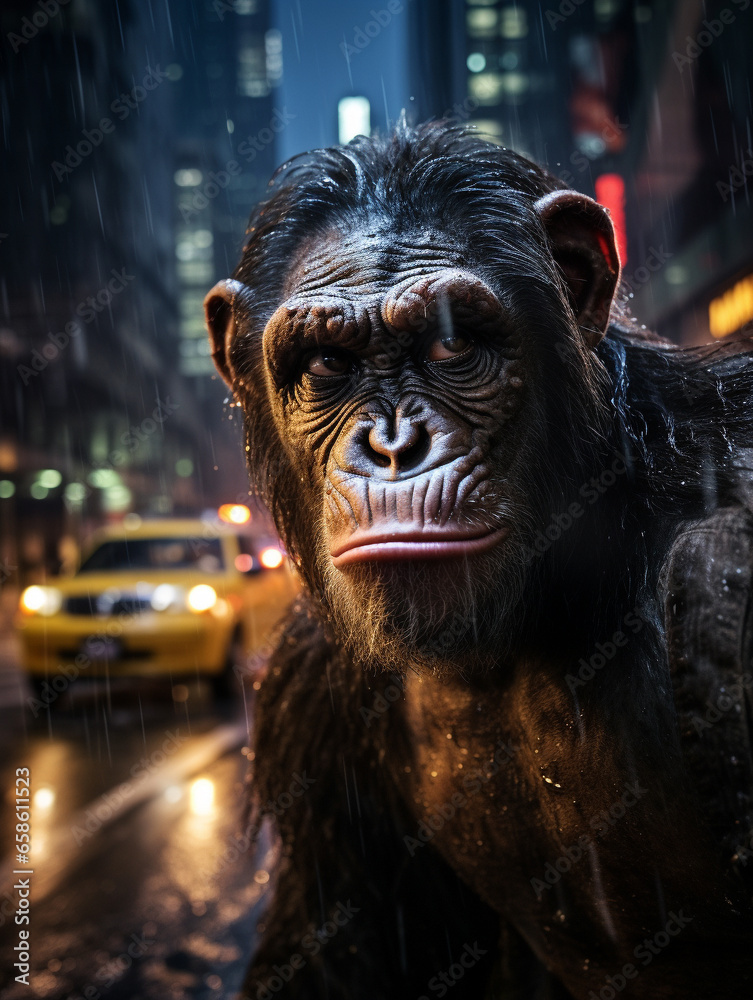 A Photo of a Chimpanzee on the Street of a Major City at Night A Photo of a Chimpanzee on the Street of a Major City at Night