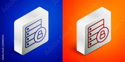 Isometric line Server security with closed padlock icon isolated on blue and orange background. Database and lock. Security, safety, protection concept. Silver square button. Vector