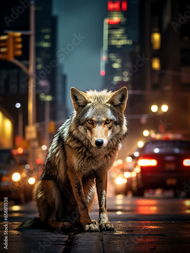 A Photo of a Coyote on the Street of a Major City at Night