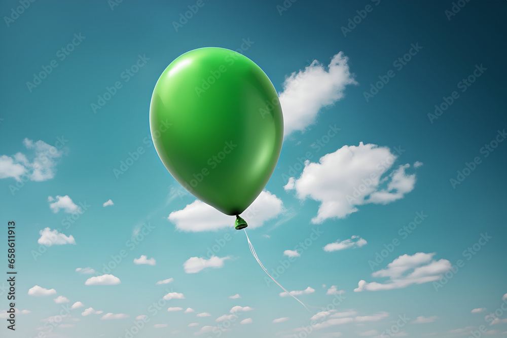 Fototapeta premium A green balloon flying in the sky - Generative AI