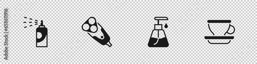 Set Spray can for hairspray, Electric razor blade, Cream cosmetic tube and Coffee cup icon. Vector