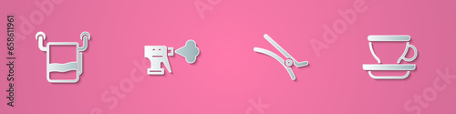 Set paper cut Towel on a hanger, Hairdresser pistol spray bottle, clip and Coffee cup icon. Paper art style. Vector