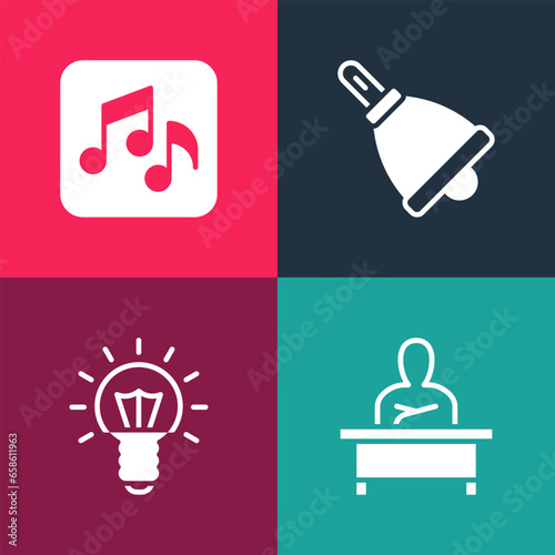 Set pop art Schoolboy sitting at desk, Light bulb, Ringing bell and Music note, tone icon. Vector