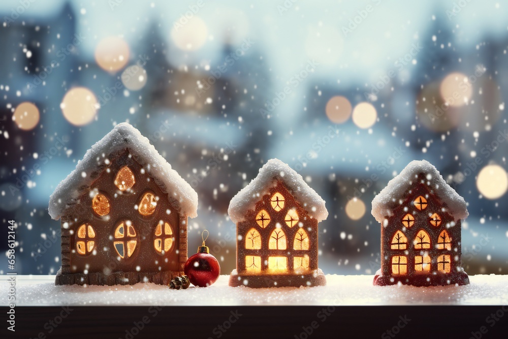 Christmas and New Year background with gingerbread houses in the snow. Christmas and New Year background with gingerbread houses in the snow.
