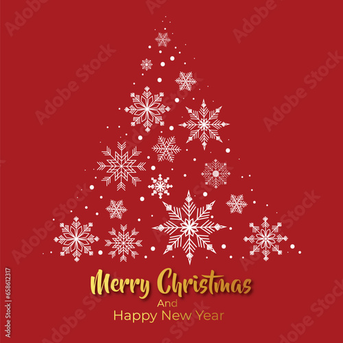 Christmas tree with snowflakes in red background