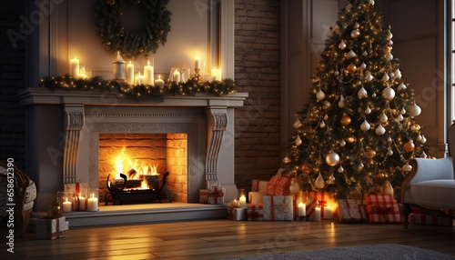 christmas tree in front of fireplace © Pamarac