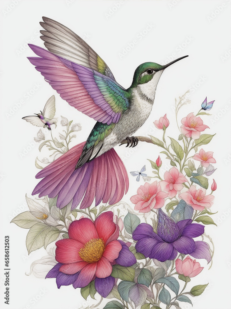 A photo of a hummingbird silk tapestry embroidery fabric Generative AI