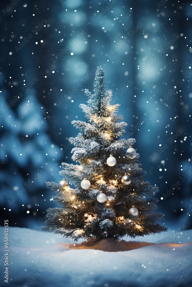 Christmas tree in winter forest. Christmas and New Year holidays background.
