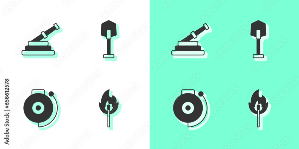 Fototapeta premium Set Burning match with fire, Fire hose reel, Ringing alarm bell and shovel icon. Vector