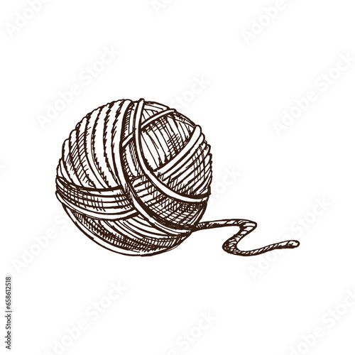 Hand drawn sketch of ball of threads. Handmade, knitting equipment concept in vintage doodle style. Engraving style.