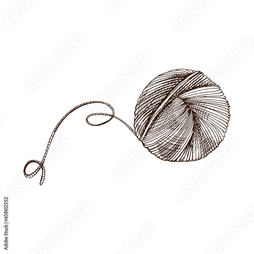 Hand drawn sketch of ball of threads. Handmade, knitting equipment concept in vintage doodle style. Engraving style.